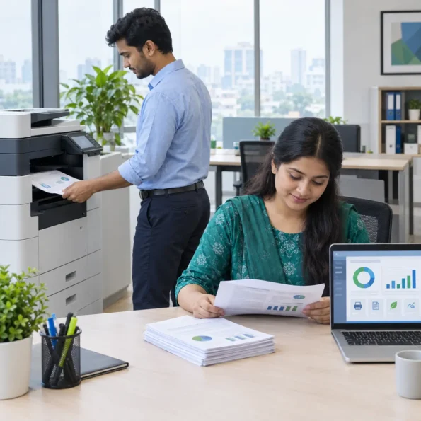 How to Reduce Office Printing Costs: 9 Practical Tips 2 Office staff using a copier and reviewing printed documents to manage printing costs.ffice staff using a copier and reviewing printed documents to manage printing costs. 2