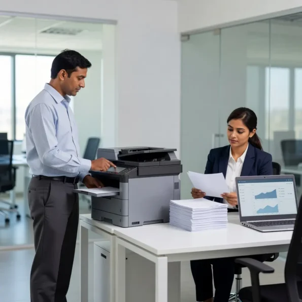ffice staff using a copier and reviewing printed documents to manage printing costs.