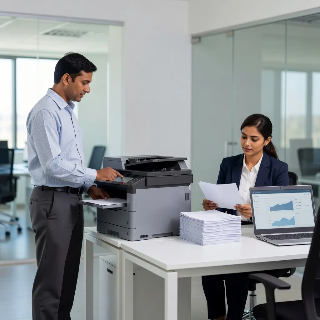 ffice staff using a copier and reviewing printed documents to manage printing costs.