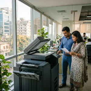 Office professionals comparing a multifunction photocopier for their workplace.