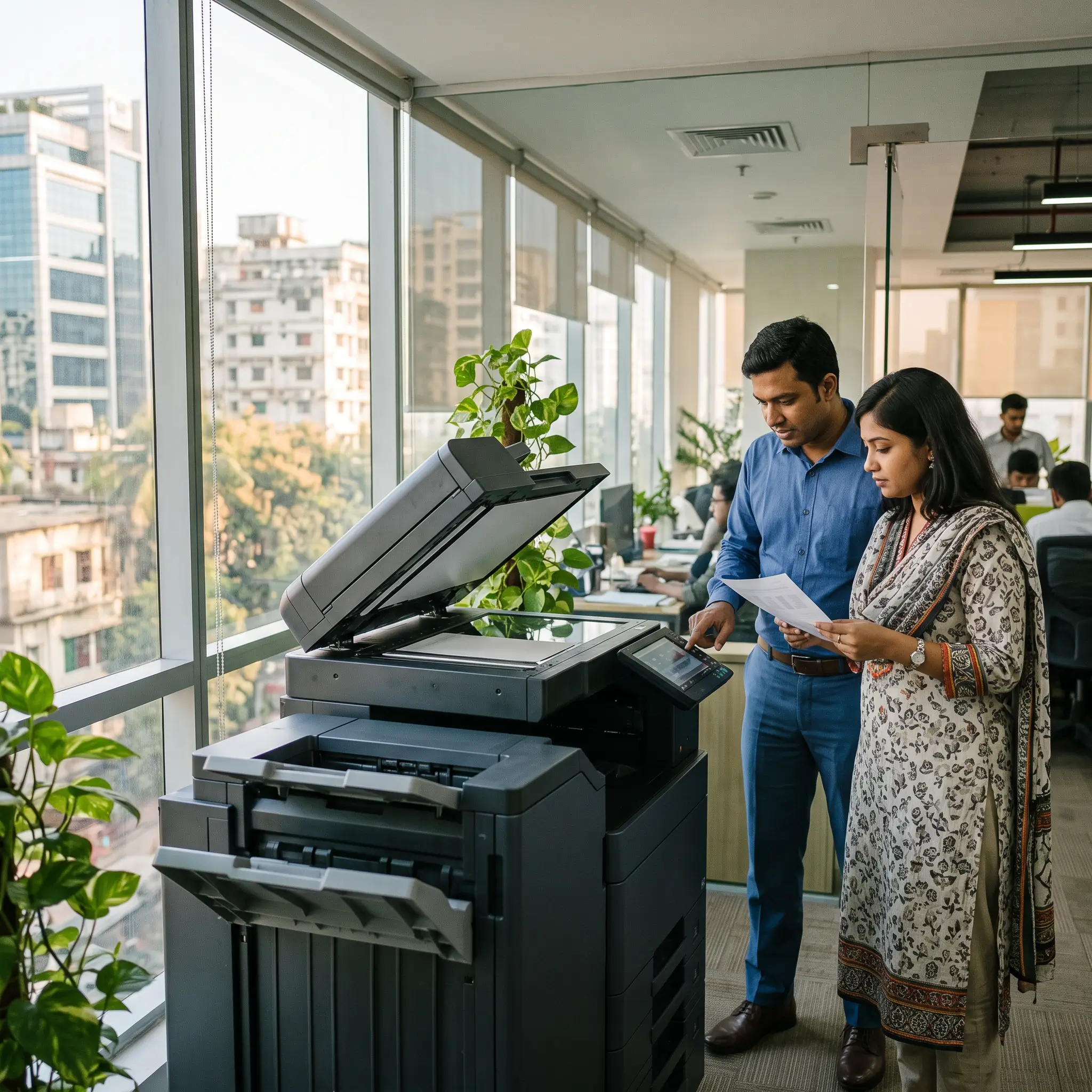 Office professionals comparing a multifunction photocopier for their workplace.