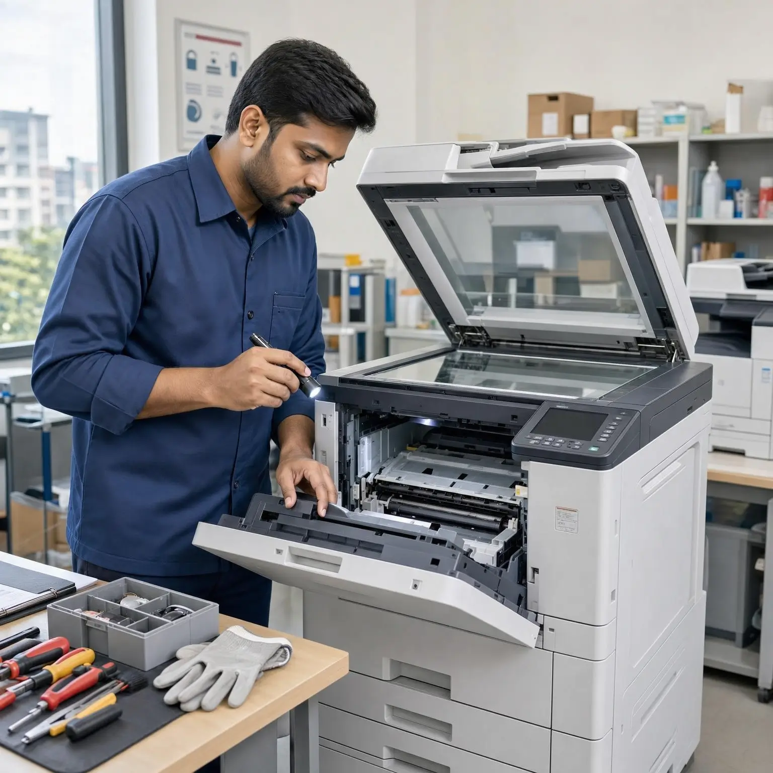 echnician performing routine maintenance on a multifunction photocopier.