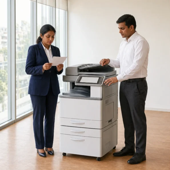 How to Choose the Right Office Photocopier in Bangladesh 2 Office professionals comparing a multifunction photocopier for their workplace 2